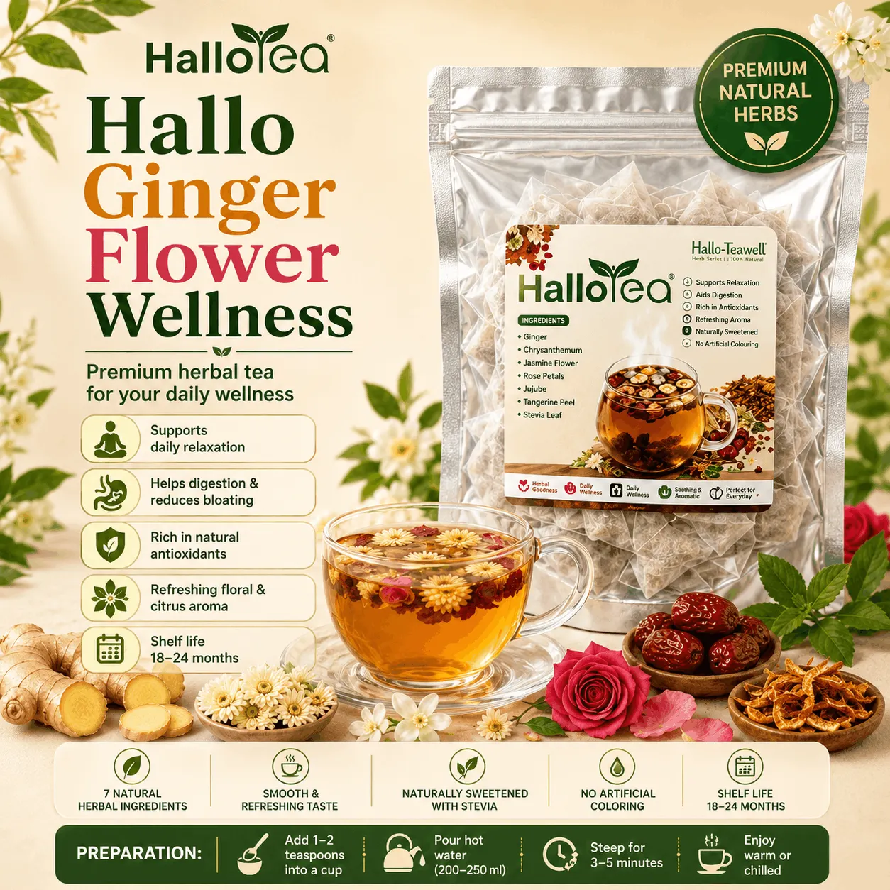 Hallo Ginger Flower Wellness Tea angle 1